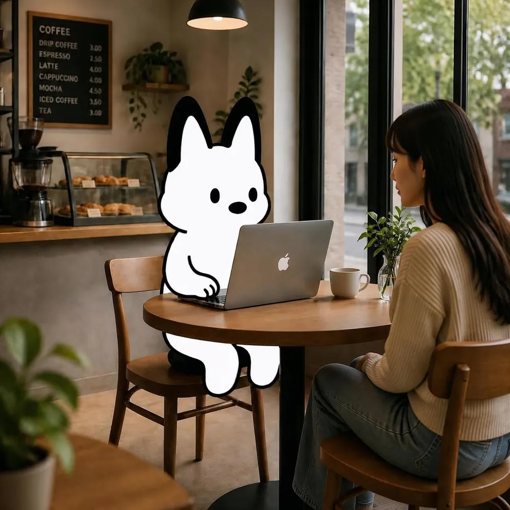 The mthd media mascot working on a laptop at a table in a neighborhood coffee shop