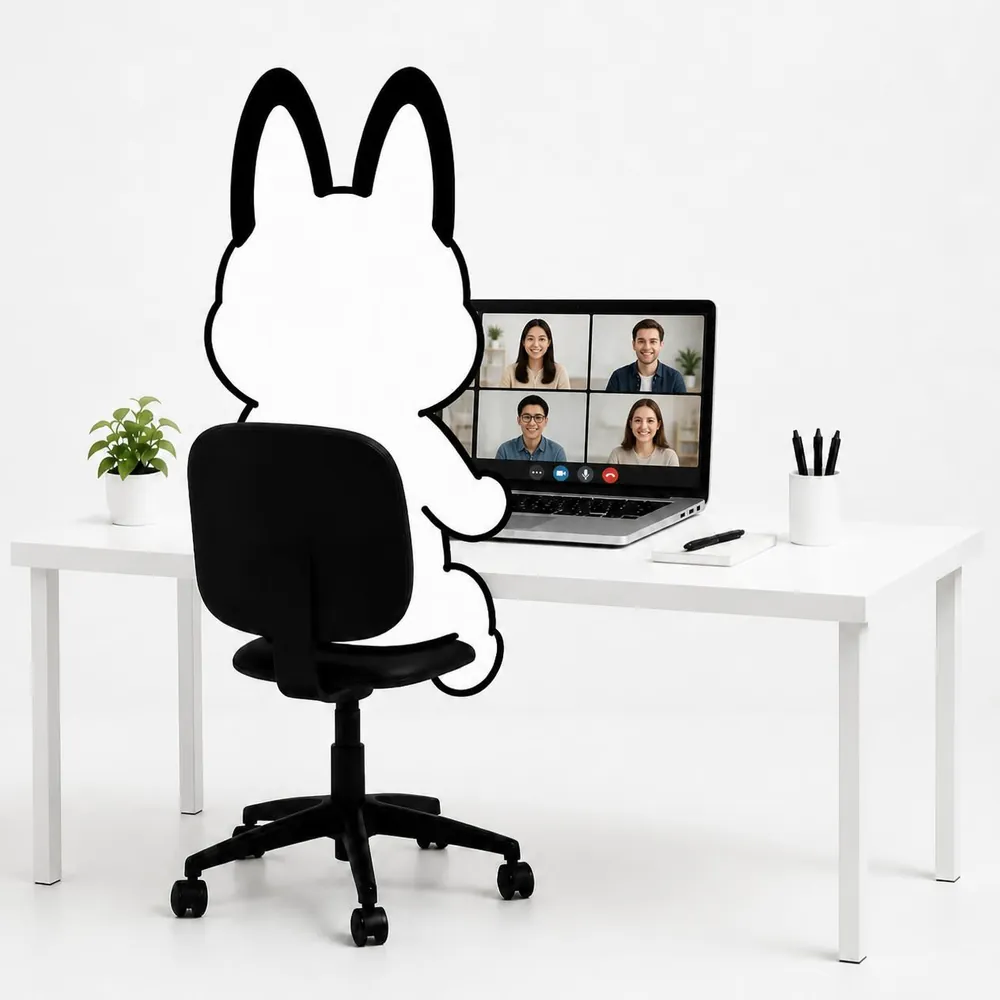The mthd media mascot on a video call at a desk, with four smiling people on the laptop screen