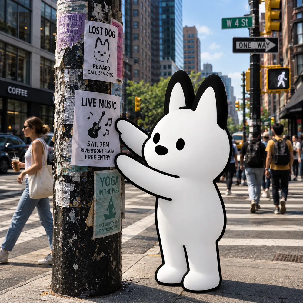 The mthd media mascot pinning a flier to a crowded lamppost while people walk past on a busy city street