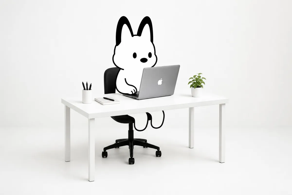 The mthd media mascot working on a laptop at a desk