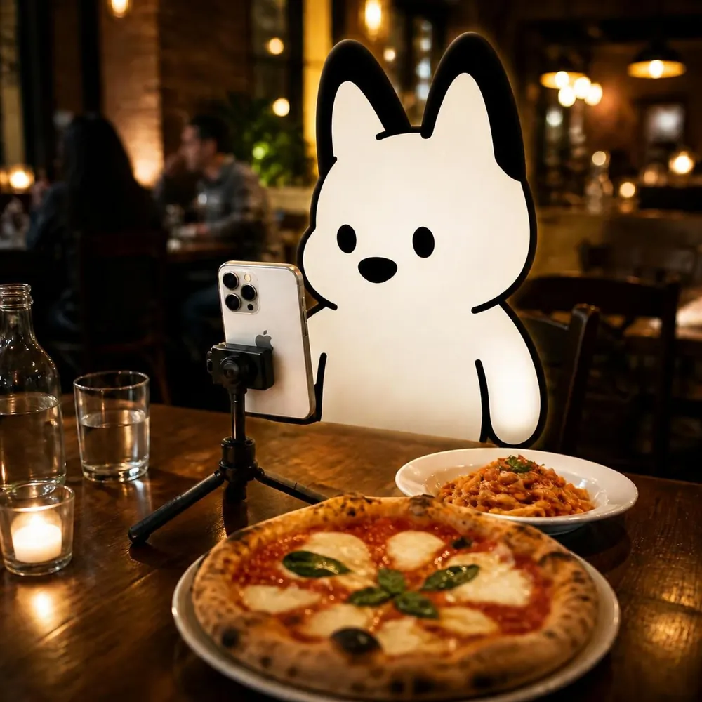 The mthd media mascot filming a pizza and a bowl of pasta on a phone tripod at a candlelit restaurant table