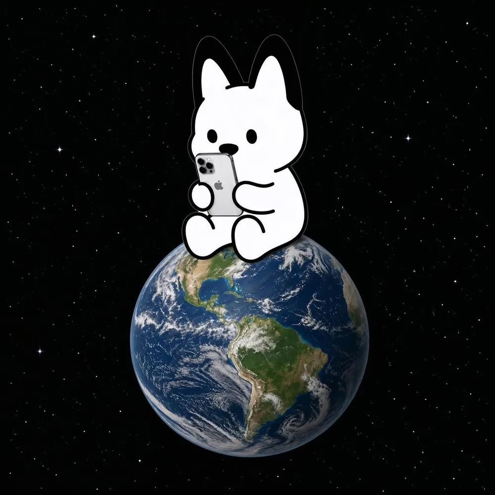 The mthd media mascot sitting on top of the Earth, looking at a smartphone