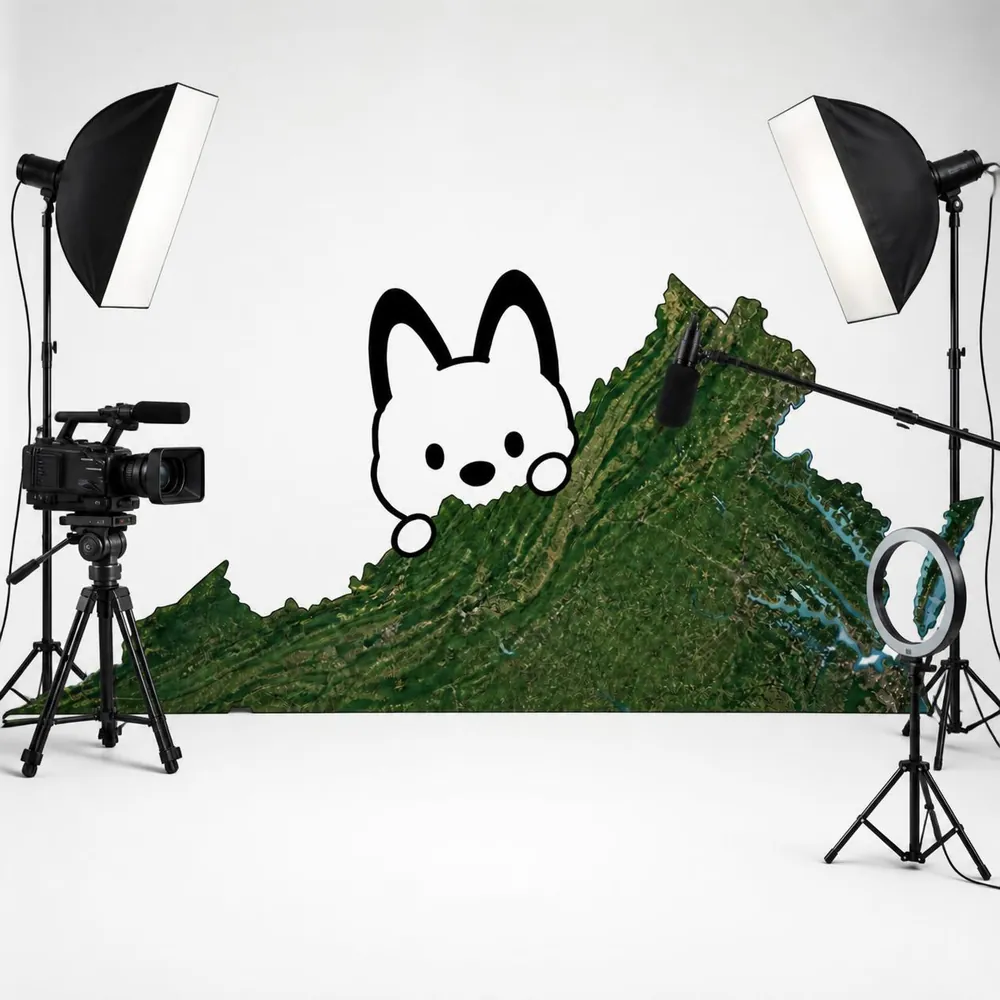 The mthd media mascot peeking over a map of Virginia in a film studio, with a camera, lights, and a boom mic around it